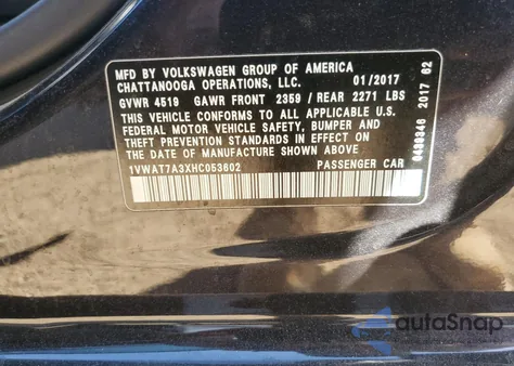2017 Volkswagen Passat S z USA, uszkodzony, nr VIN 1VWAT7A3XHC053602
